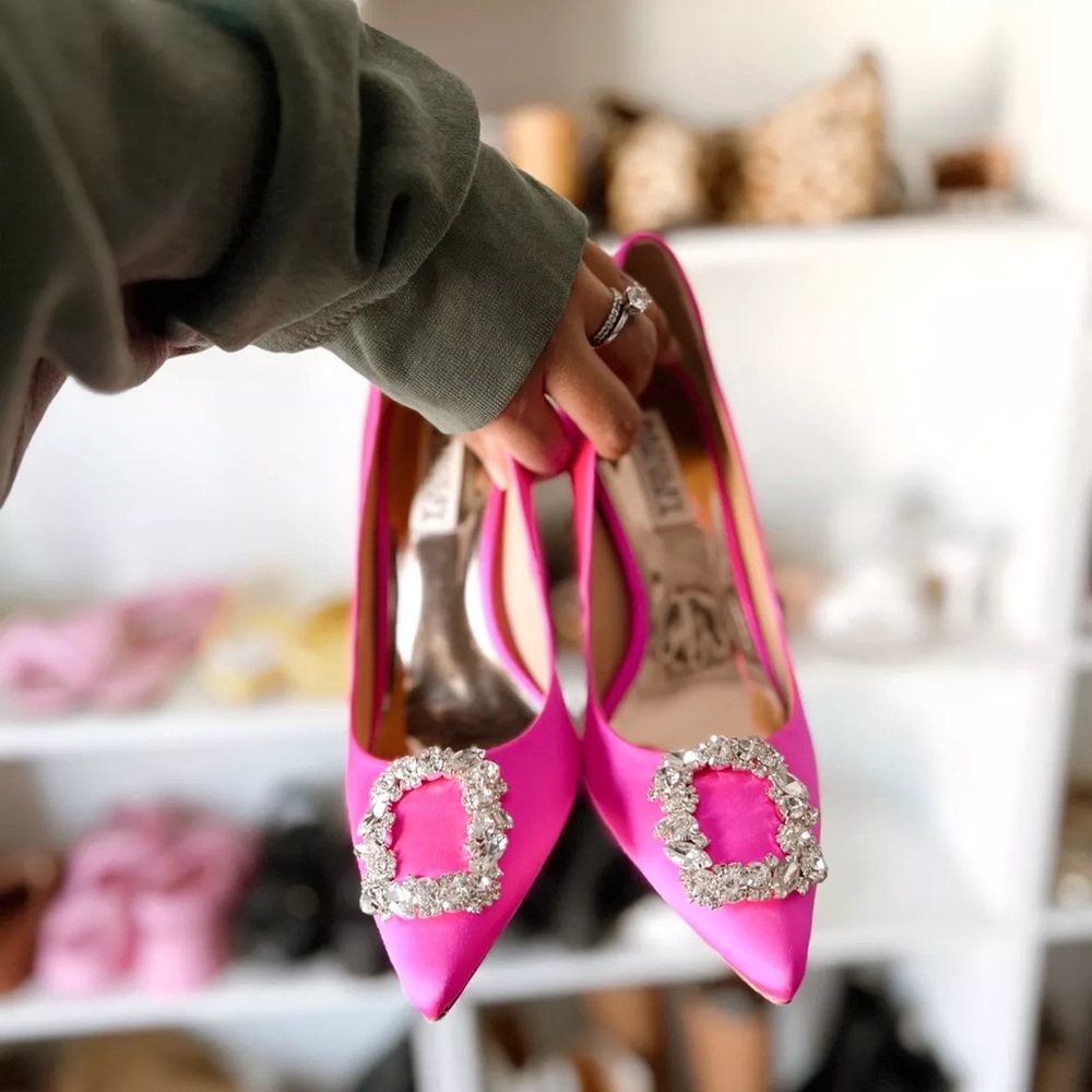Badgley Mischka Cher Crystal Embellished Brooch Satin Pump Heels in Hot Pink